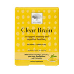 A yellow box labeled New Nordic Clear Brain™ 60 Tablets, a dietary supplement supporting memory, mental performance, and cognitive function, with ginkgo, green tea, pine bark, pomegranate extracts, and B vitamins for blood circulation.