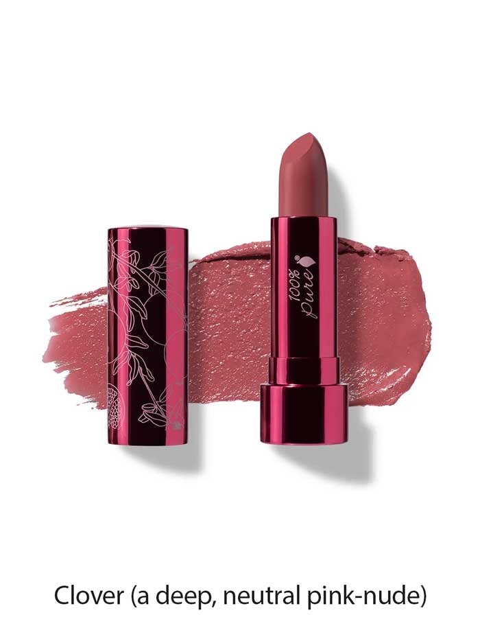 A tube of 100% Pure Pomegranate Oil Moisturising Lipstick 4.5g in a metallic pink-floral case, shown open with lipstick and a swatch of deep, neutral pink-nude behind it. Text below reads: Clover, infused with pomegranate oil.