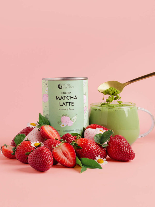 Nutra Naturals Collagen Strawberry Matcha Latte 100g with strawberries
