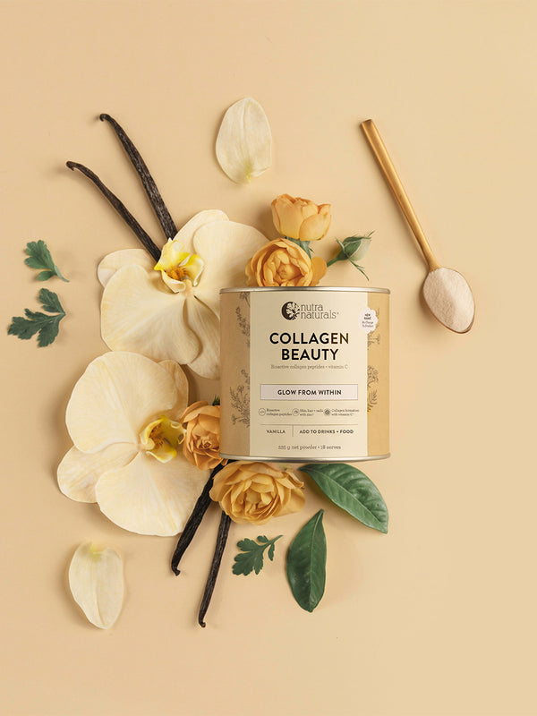 Nutra Naturals Collagen Beauty Vanilla 225g flatlay with ingredients