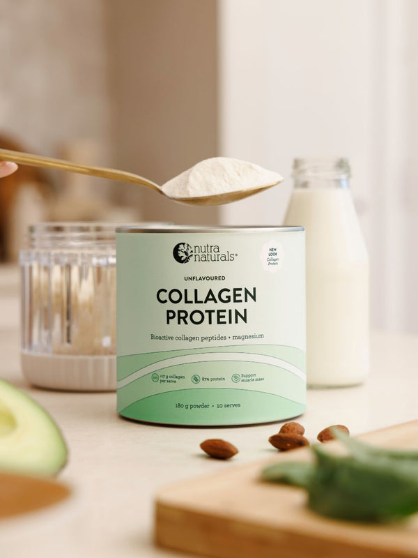 Nutra Naturals Collagen Protein in the kitchen with milk and avocado
