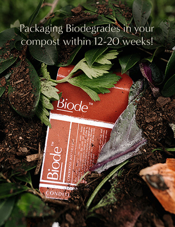 Terracotta Biode Into the Earth conditioner packaging among leaves and compost. Overlaid text states that the packaging biodegrades in compost within 12–20 weeks.