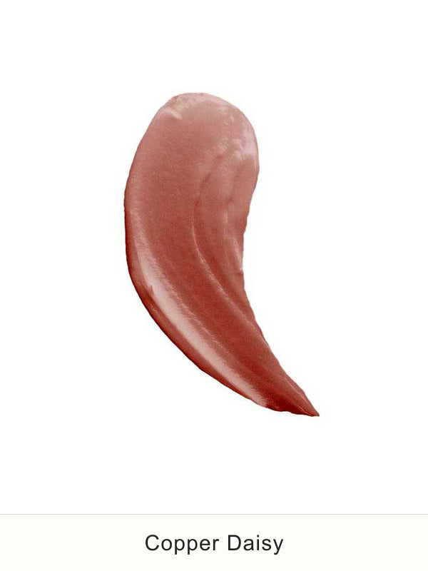 A curved, glossy copper-brown smear of Biode lip and cheek balm on white, with the shade name Copper Daisy printed underneath.