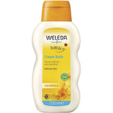 Weleda Calendula Cream Bath 200ml comes in a white and yellow bottle with a calendula flower image, organic certification, and is designed for delicate skin.