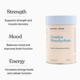 Mister Jones Creatine Monohydrate 300g is shown with benefits: supports muscle recovery (strength), balances mood and improves brain function (mood), and boosts energy and cellular function (energy).