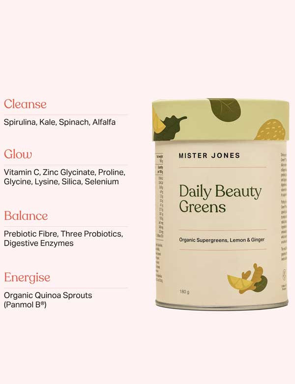 A container of Mister Jones Daily Beauty Greens 180g sits beside text listing benefits: Cleanse (Spirulina, Kale, Spinach, Alfalfa), Glow (Vegan collagen boosters, Vitamins), Balance (Prebiotics, Probiotics), and Energise (Quinoa Sprouts).
