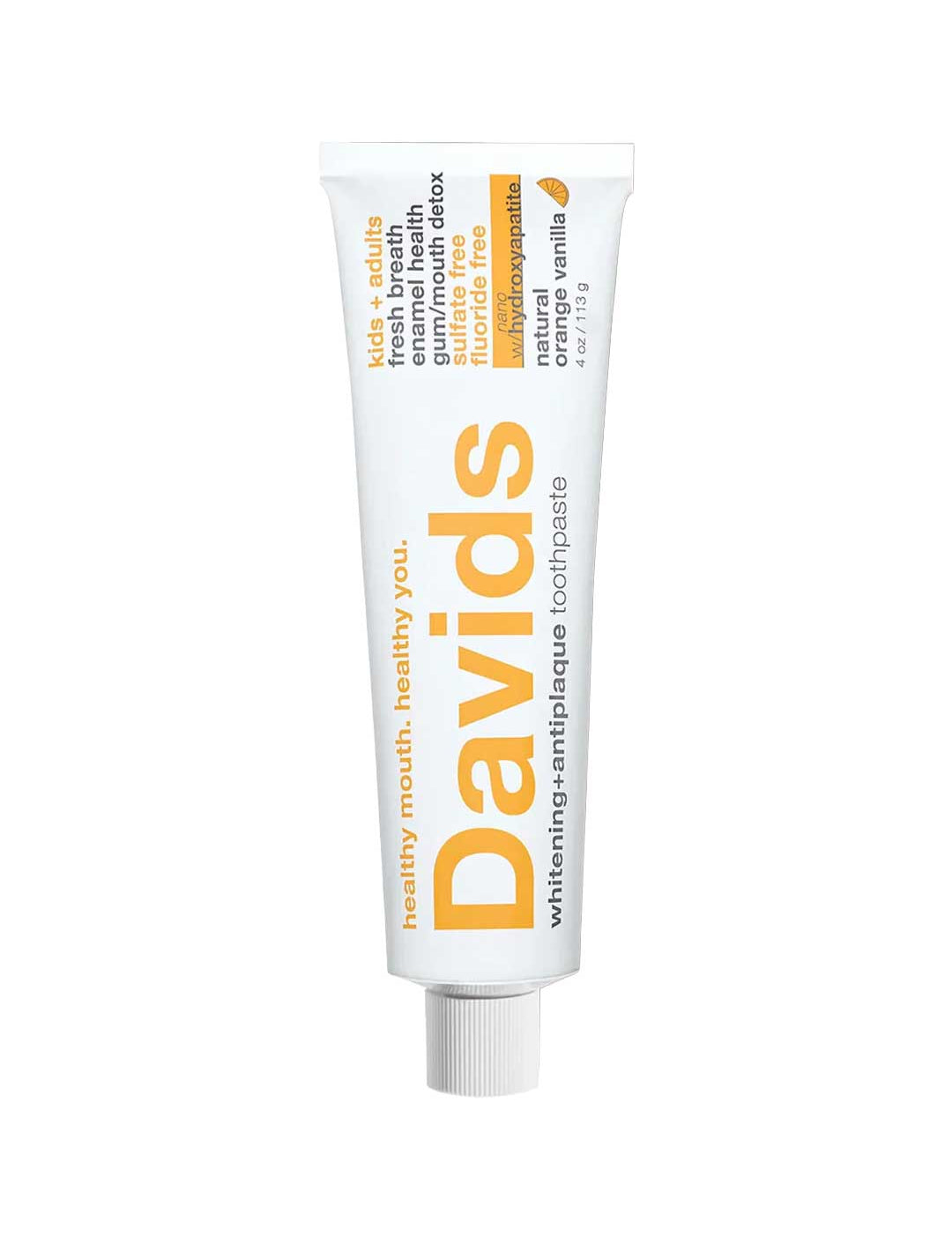 Tube of Davids Whitening + Antiplaque Orange + Vanilla Toothpaste on a white background