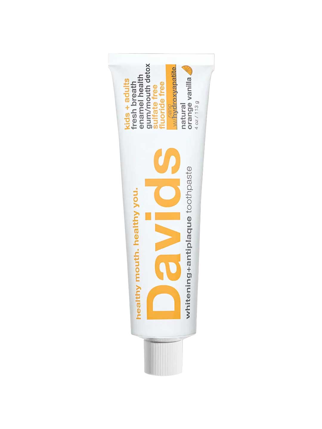 Tube of Davids Whitening + Antiplaque Orange + Vanilla Toothpaste on a white background