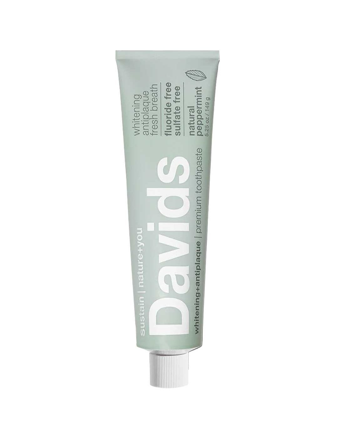 Green toothpaste tube with 'Davids' branding on a white background