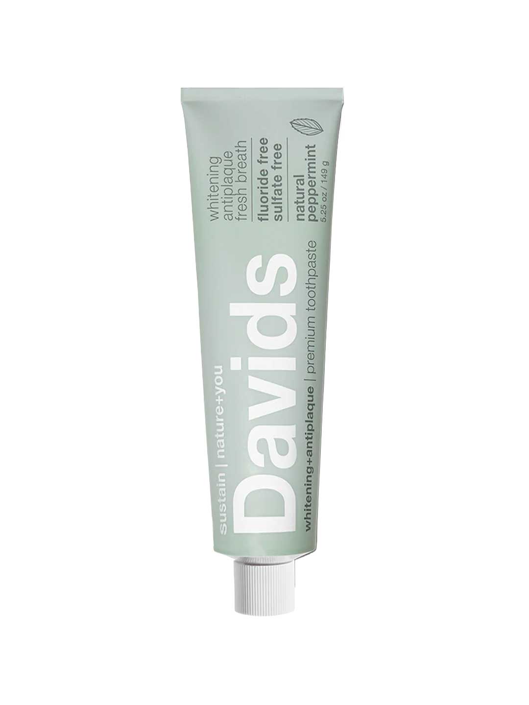 Green toothpaste tube with 'Davids' branding on a white background