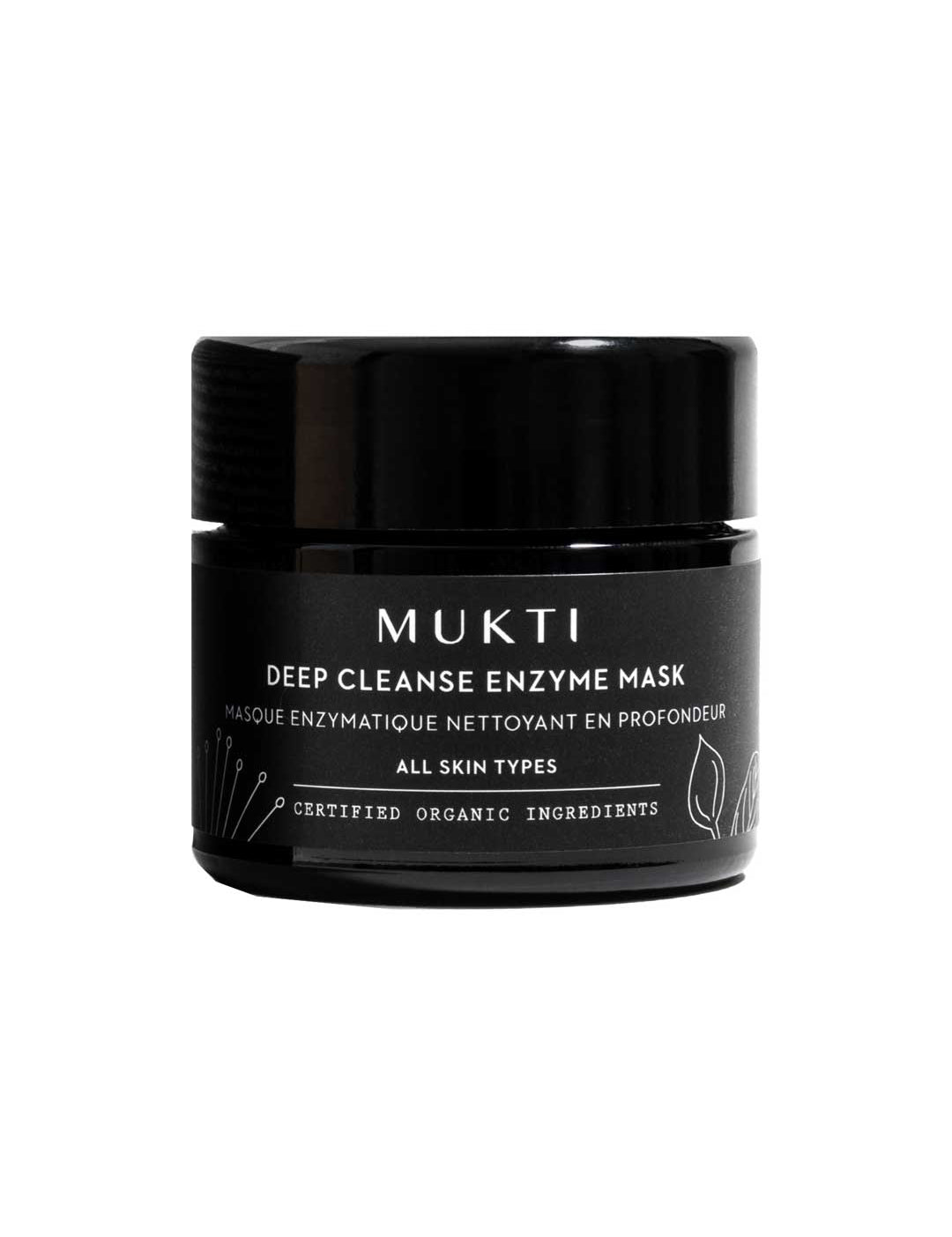 A black jar labeled Deep Cleanse Enzyme Mask 50g for all skin types, featuring certified organic ingredients, gentle exfoliation, and simple line art of plants and fungi on the label.