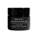 A black jar labeled Deep Cleanse Enzyme Mask 50g for all skin types, featuring certified organic ingredients, gentle exfoliation, and simple line art of plants and fungi on the label.