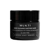 A black jar labeled Deep Cleanse Enzyme Mask 50g for all skin types, featuring certified organic ingredients, gentle exfoliation, and simple line art of plants and fungi on the label.