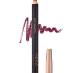 A dark plum organic INIKA Organic Lip Crayons 6.7g with a gold cap is shown beside a plum scribble and the label "Deep Plum." This vegan lip crayon is labeled as INIKA Organic.