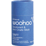 Blue deodorant stick with 'woohoo' branding on a white background
