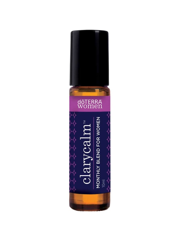 doTERRA ClaryCalm roll-on in a slim amber bottle with a tall black cap and a purple patterned label with white lettering.