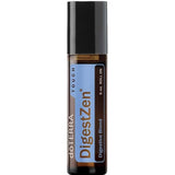 doTERRA DigestZen Touch roll-on in a slim amber bottle with a tall black cap, pale blue label and brown lettering.