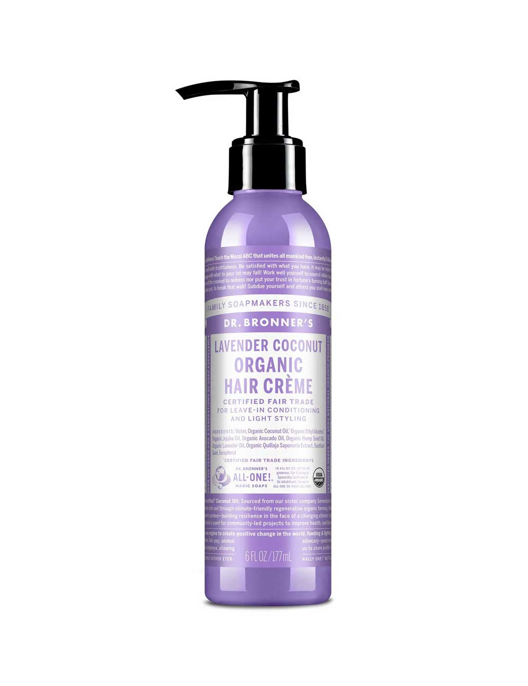 Purple bottle of Dr. Bronner's Lavender Coconut Organic Hair Crème on a white background