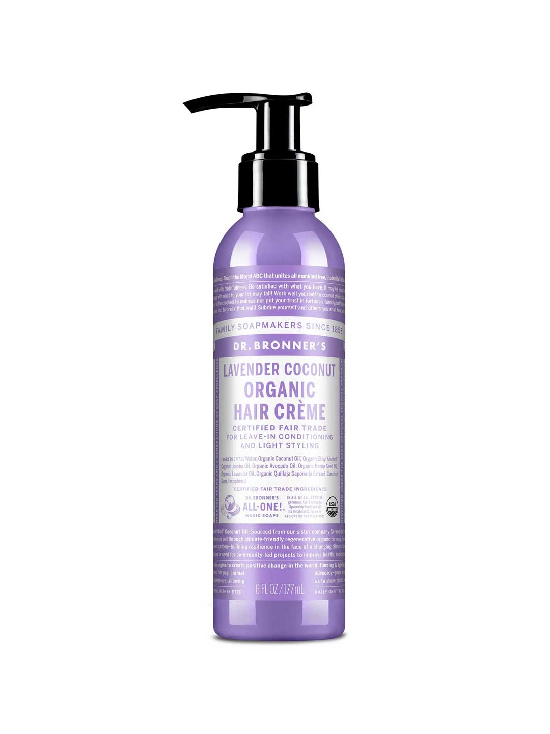 Purple bottle of Dr. Bronner's Lavender Coconut Organic Hair Crème on a white background