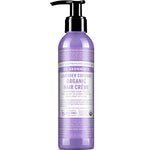 Purple bottle of Dr. Bronner's Lavender Coconut Organic Hair Crème on a white background