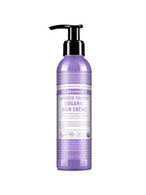Purple bottle of Dr. Bronner's Lavender Coconut Organic Hair Crème on a white background