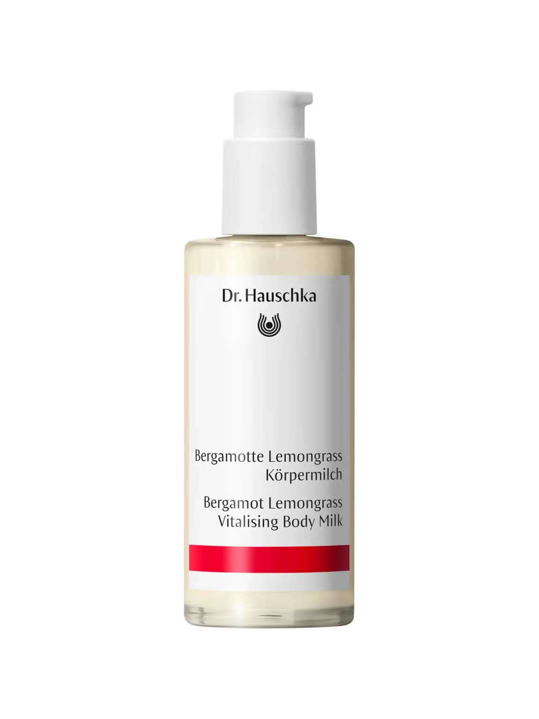 A 145ml bottle of Dr Hauschka Bergamot Lemongrass Vitalising Body Milk, a moisturiser with natural essential oils, featuring a white pump dispenser and a white label with black and red text.