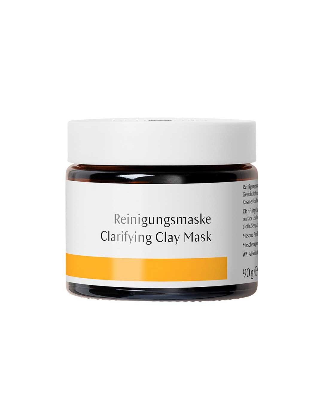 The Dr Hauschka Clarifying Clay Mask 90g comes in a brown glass jar with a white lid and label featuring black text and an orange stripe, ideal for oily and blemish-prone skin.