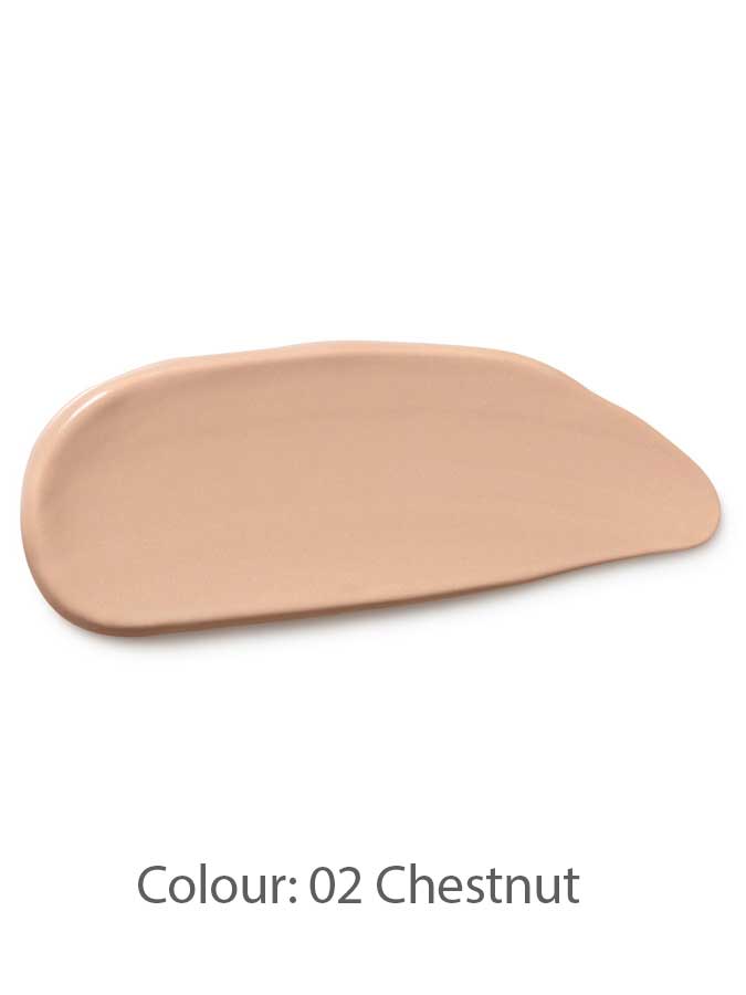 A smooth swipe of Dr Hauschka Concealer 2.5ml with mineral pigments in the medium brown shade 02 Chestnut on a white background.
