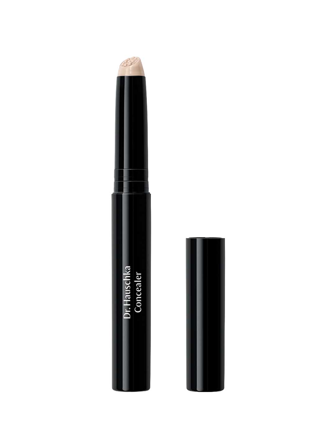 The Dr Hauschka Concealer 2.5ml is displayed with its black cap removed, standing upright to reveal its beige tip for natural concealer and under-eye coverage.