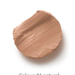 A smooth, round smear of beige Dr Hauschka Coverstick 2g is shown on a white background. Below the makeup, text reads: Colour: 01 natural. This concealer is perfect for gently covering blemishes.