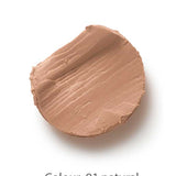 A smooth, round smear of beige Dr Hauschka Coverstick 2g is shown on a white background. Below the makeup, text reads: Colour: 01 natural. This concealer is perfect for gently covering blemishes.