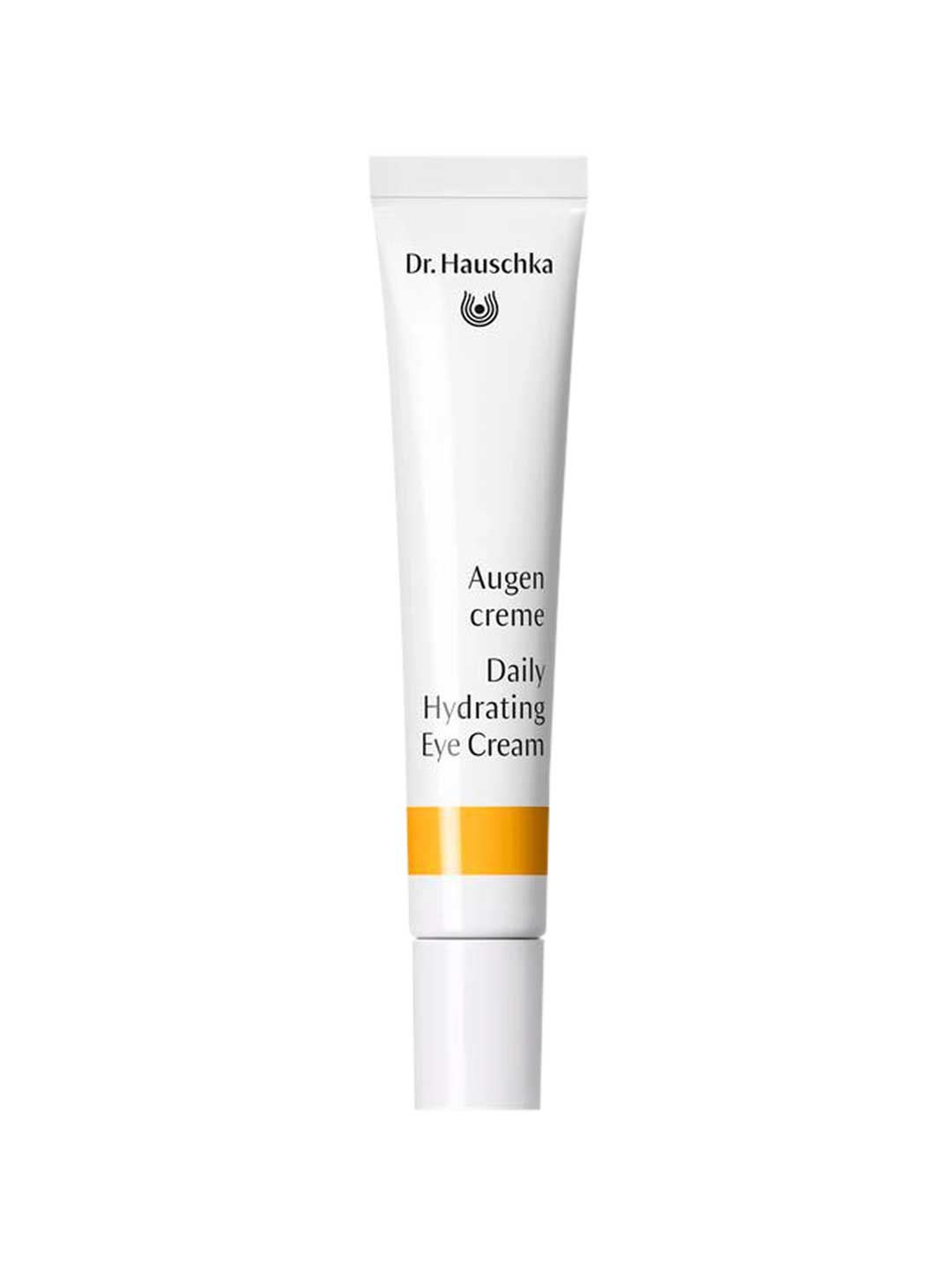 A white tube of Dr Hauschka Daily Hydrating Eye Cream 12.5ml with a yellow band stands upright on a white background, featuring bilingual text in German and English.