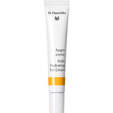 A white tube of Dr Hauschka Daily Hydrating Eye Cream 12.5ml with a yellow band stands upright on a white background, featuring bilingual text in German and English.