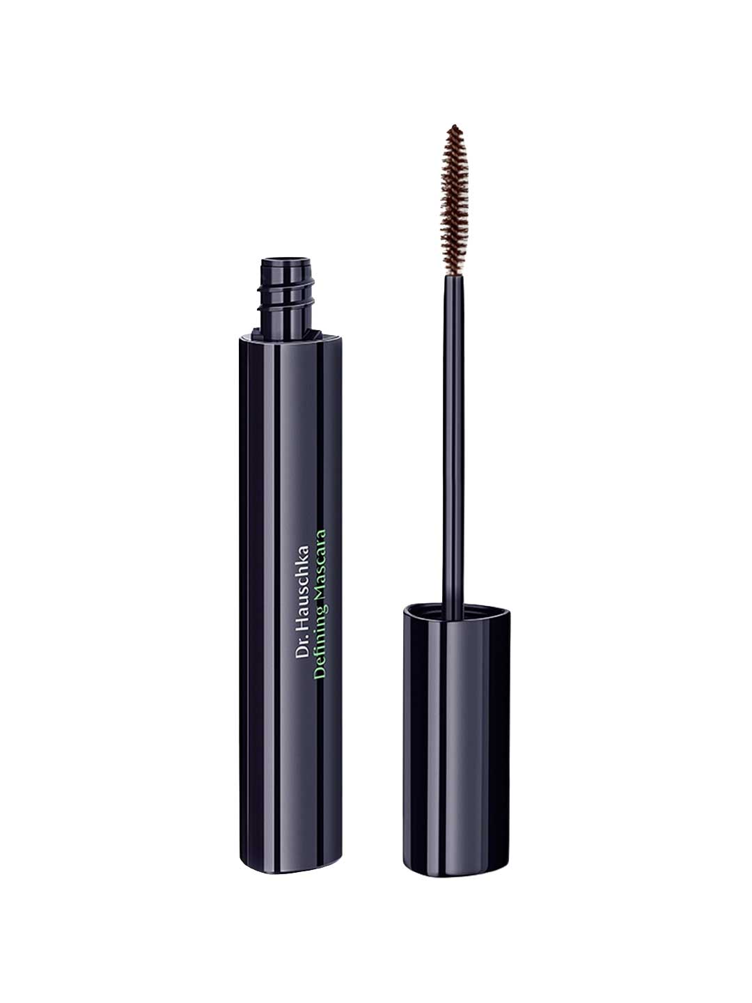 A black tube of Dr Hauschka Defining Mascara 6ml is shown open, with the wand and brush upright beside it, revealing its brown natural mascara suitable for sensitive eyes.