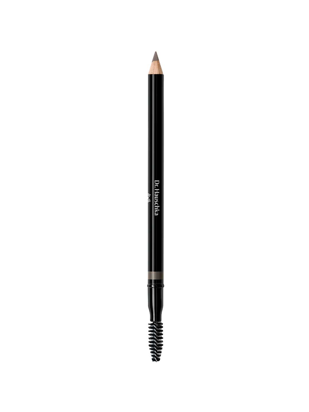 The Dr Hauschka Eyebrow Definer 1.05g, a black natural brow pencil with a pointed tip and spoolie brush, is shown against a white background.