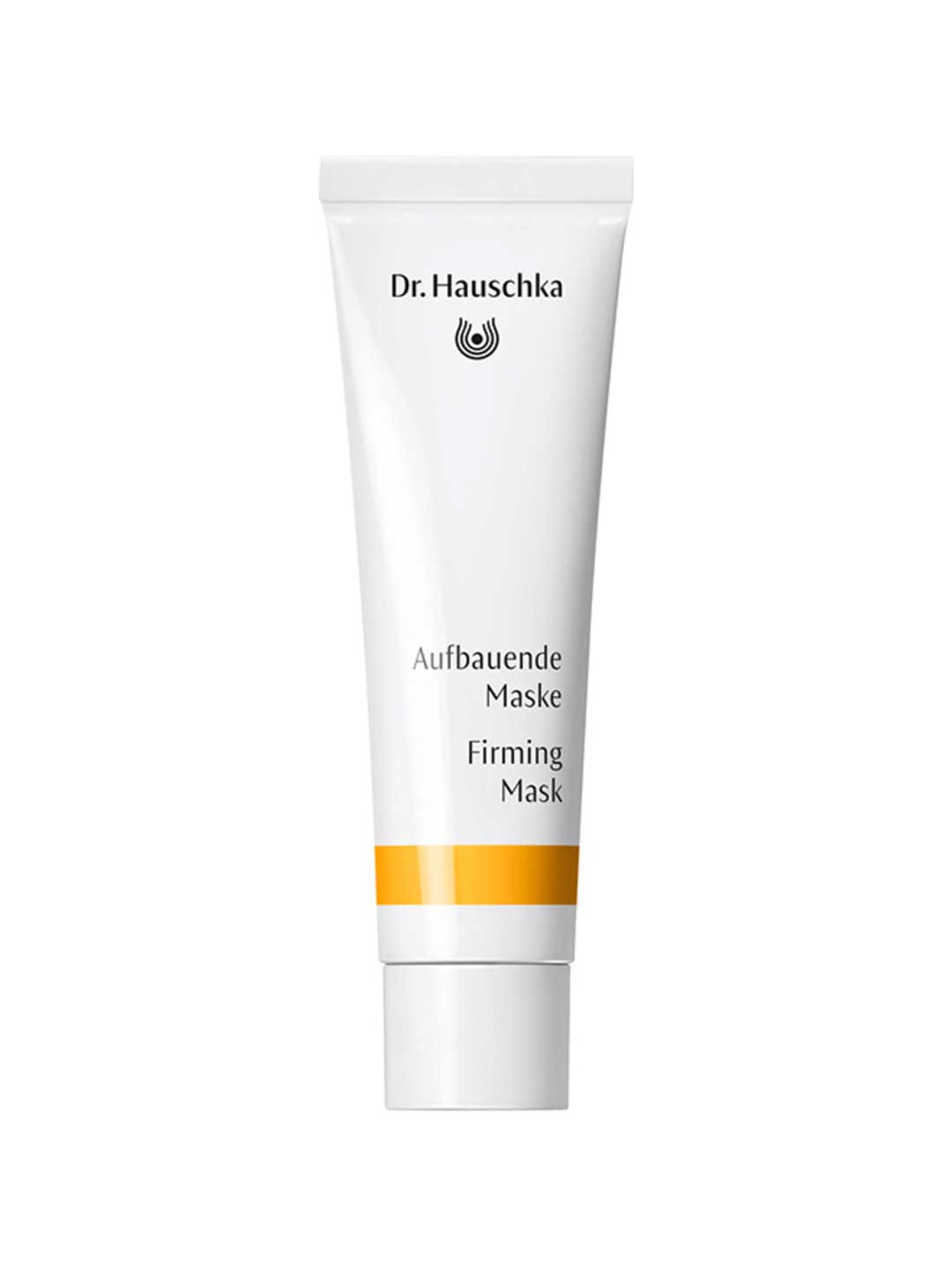 A 30ml tube of Dr Hauschka Firming Mask for mature skin, white with black text and a yellow stripe near the base, is shown upright against a plain white background.