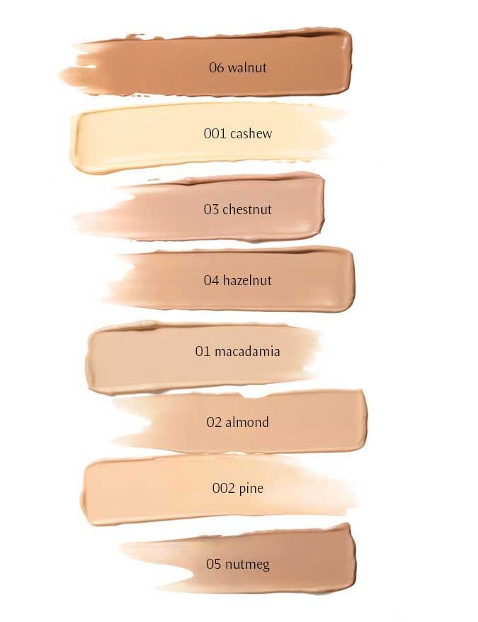 Dr Hauschka Foundation 30ml vegan swatches shown in seven labeled shades: 06 walnut, 001 cashew, 03 chestnut, 04 hazelnut, 01 macadamia, 02 almond, and 05 nutmeg.