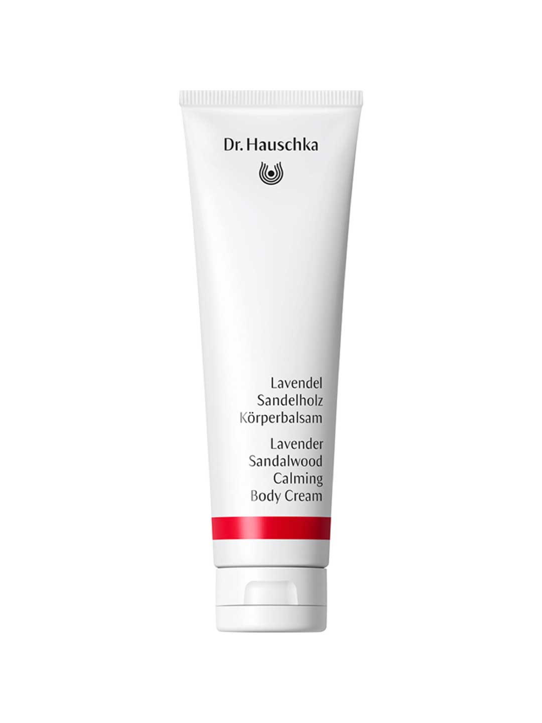 A white tube of Dr Hauschka Lavender Sandalwood Calming Body Cream 145ml stands upright against a white background—a calming, natural vegan moisturiser with black and red text, ideal for soothing skin.
