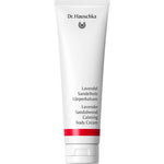 A white tube of Dr Hauschka Lavender Sandalwood Calming Body Cream 145ml stands upright against a white background—a calming, natural vegan moisturiser with black and red text, ideal for soothing skin.