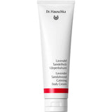 A white tube of Dr Hauschka Lavender Sandalwood Calming Body Cream 145ml stands upright against a white background—a calming, natural vegan moisturiser with black and red text, ideal for soothing skin.