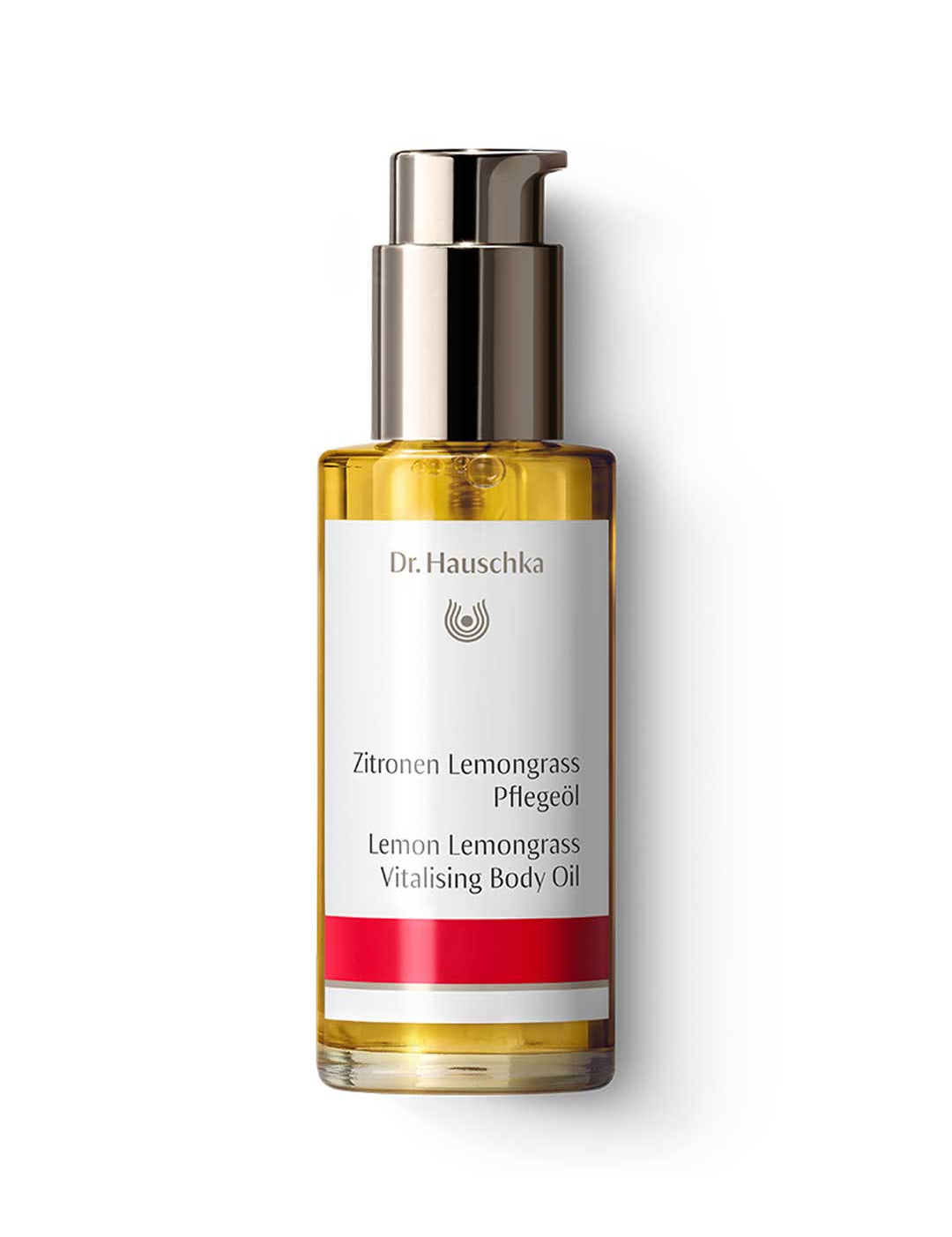 Dr Hauschka Lemon Lemongrass Vitalising Body Oil 75ml comes in a clear glass pump bottle with a metallic cap and white bilingual label, filled with golden yellow oil—invigorates skin and is ideal for cellulite treatment.