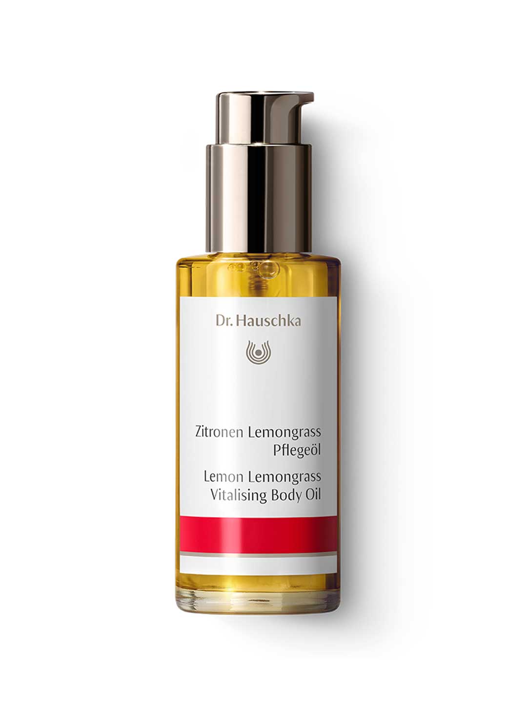 Dr Hauschka Lemon Lemongrass Vitalising Body Oil 75ml comes in a clear glass pump bottle with a metallic cap and white bilingual label, filled with golden yellow oil—invigorates skin and is ideal for cellulite treatment.