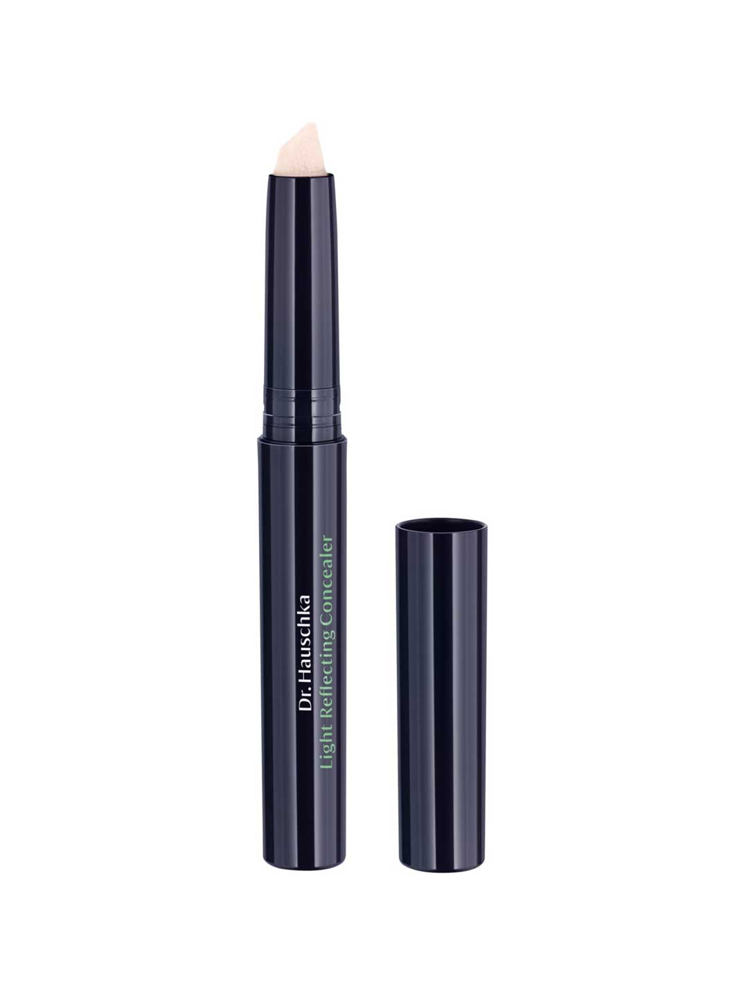 A dark blue tube of Dr Hauschka Light Reflecting Concealer 2.5ml with an angled tip, ideal for brightening under eyes and reducing dark circles. The cap is off, revealing white and green product and brand names.
