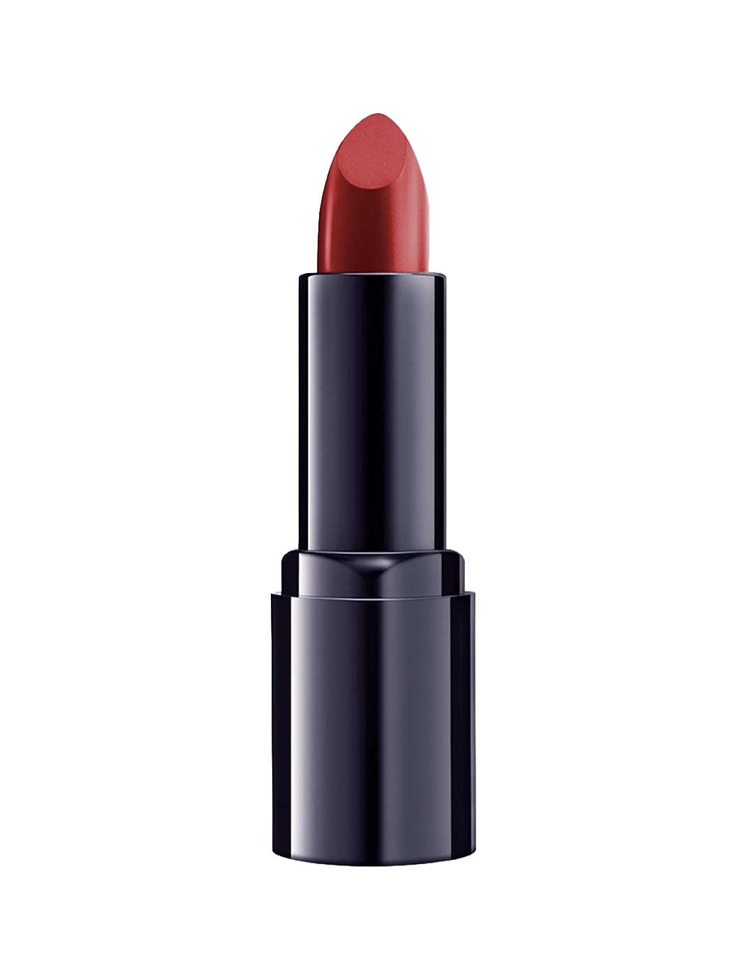 A Dr Hauschka Lipsticks 4g tube in red, featuring long-lasting color and a glossy black casing, is shown upright against a plain white background.