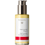 A clear bottle with a pump dispenser contains Dr Hauschka Moor Lavender Calming Body Oil 75ml. Its white label with red and gold accents displays German and English text, highlighting this natural soothing body oil.