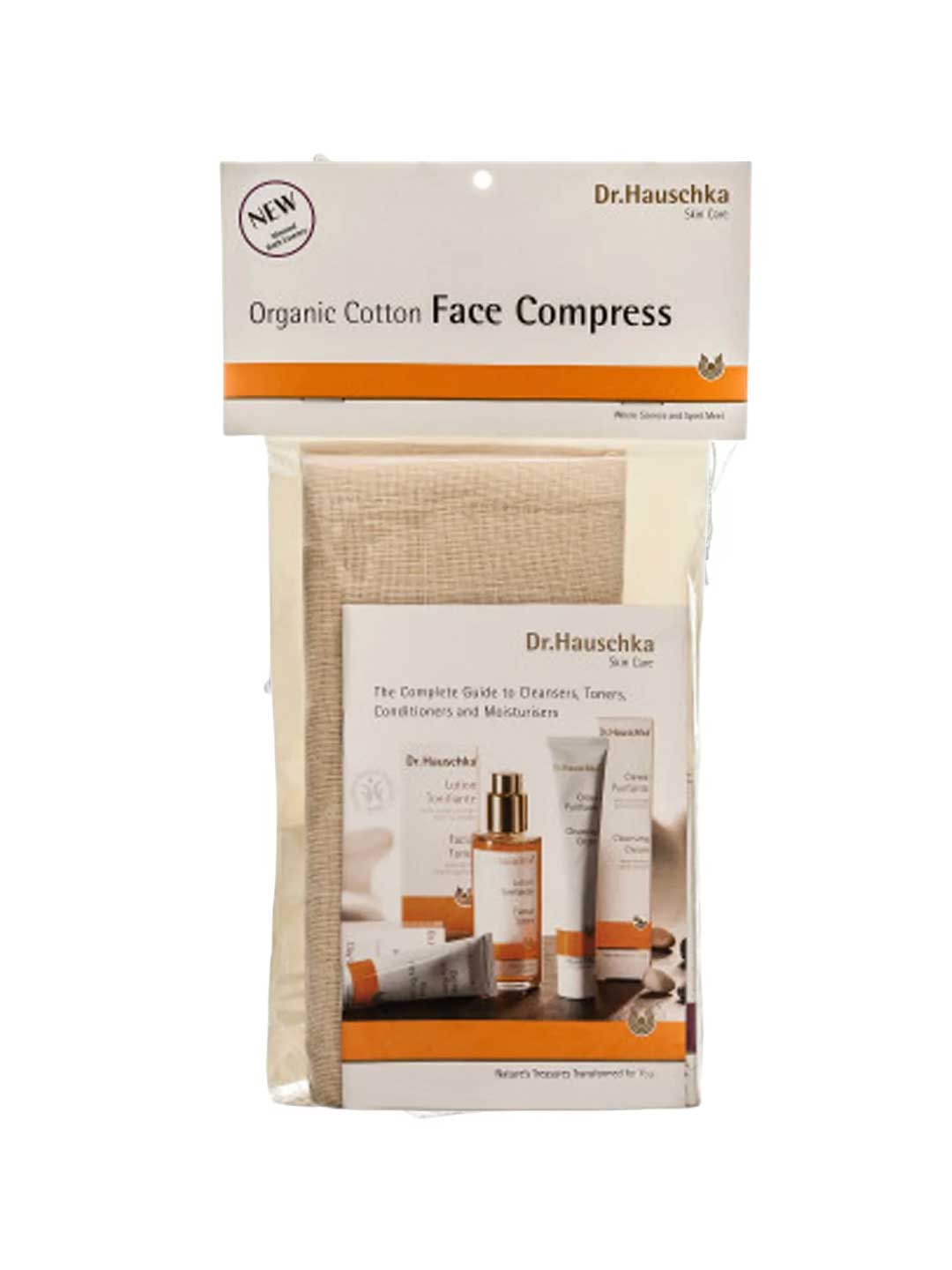 The Dr Hauschka Organic Cotton Face Compress Pack includes a folded beige reusable cloth and an insert showcasing Dr. Hauschka skincare products and information about the organic cotton face compress.