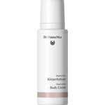 A white 150ml bottle of Dr Hauschka Regenerating Body Cream with a pink band and black text—ideal as a firming moisturiser for maturing skin.