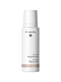 A white 150ml bottle of Dr Hauschka Regenerating Body Cream with a pink band and black text—ideal as a firming moisturiser for maturing skin.