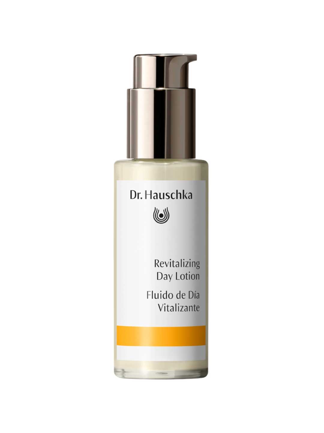 A 50ml bottle of Dr Hauschka Revitalising Day Lotion with a pump dispenser, white label, yellow accent, and English/Spanish descriptions on the packaging.