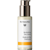 A 50ml bottle of Dr Hauschka Revitalising Day Lotion with a pump dispenser, white label, yellow accent, and English/Spanish descriptions on the packaging.
